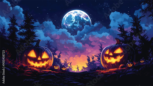  Glowing Pumpkins under Starry Sky