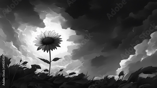Monochromatic sunflower field under a sky of dramatic clouds and luminance