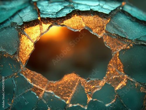 Close-up of a shattered glass with warm light glowing through the cracks