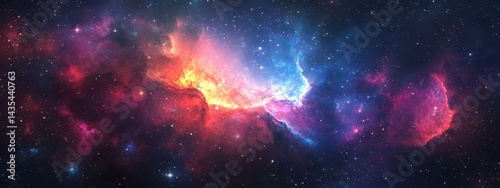 A vibrant cosmic scene depicting colorful nebulae and stars in deep space.