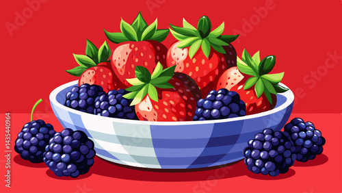 Bowl of strawberries and blackberries on a red background. The bowl is white and the fruit is fresh and colorful