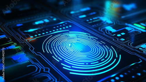 Fingerprint biometric authentication button with a digital futuristic tech wallpaper background, representing advanced security.


