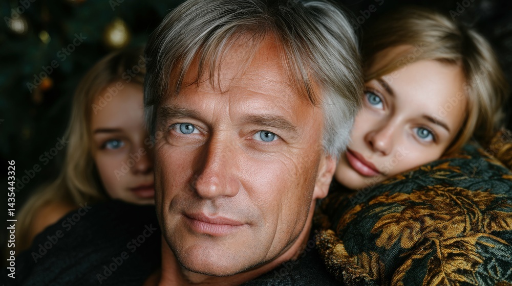 Grandpa and grandkids by fireplace, girls, hair, friendship, lifestyle