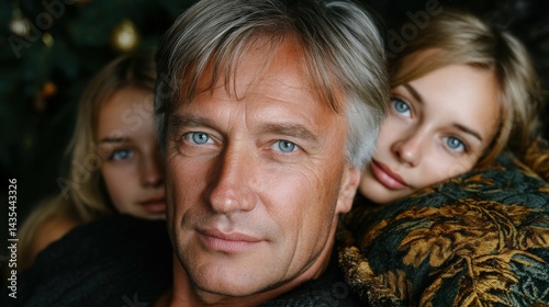 Obraz na płótnie Grandpa and grandkids by fireplace, girls, hair, friendship, lifestyle w salonie