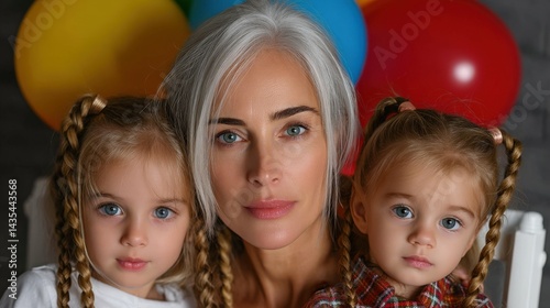 Studio portrait with grandma and balloons, white background