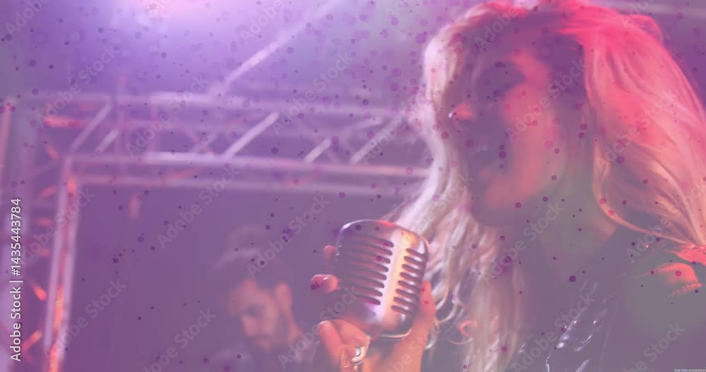 female singer and musician performing music concert, with animated microphone icon and light rays