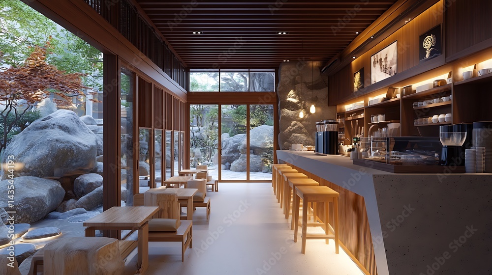 Fototapeta premium Modern, minimalist cafe interior with garden views.