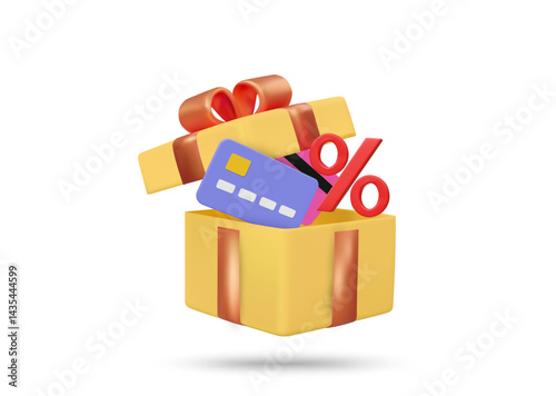 3d illustration vector render icon of open gift box, credit card and percentage symbol isolated on white. Concept of promotion,financial privilege, shopping reward, online payment bonus,discount offer