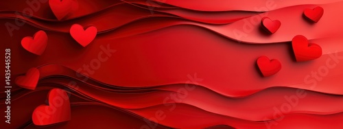 A vibrant red background with layered waves and scattered heart shapes, symbolizing love.
