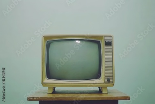 Vintage television set on a wooden table against a muted green wall