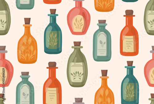 Vector seamless pattern with bottles of different shapes in cartoon style. Texture with flasks with elixirs and medicines. Wallpaper with aromatherapy and oils for textile.