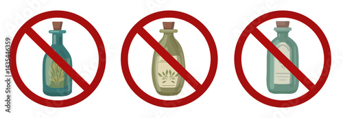 Vector set of prohibition signs with bottles of elixirs. Collection of forbidden stickers with bottles of natural aroma oils. Allergy danger. Do not drink