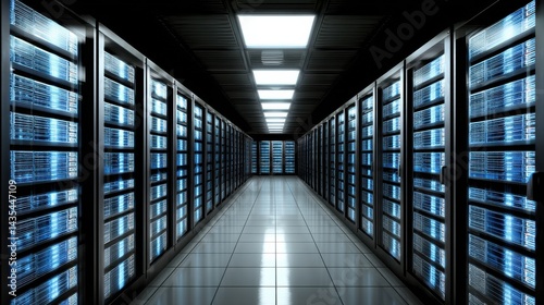 Server Room with Rows of Racks and Overhead Lighting