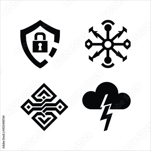 Security cloud network technology data protection and lightning abstract vector icons set design