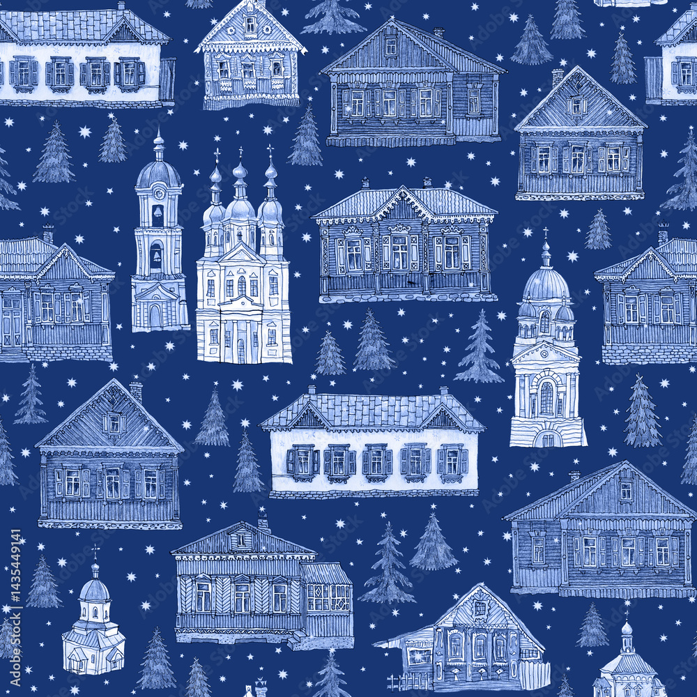 Obraz premium Seamless pattern of fairy tale wooden houses, churches, fir trees. Hand drawn blue pencil sketch on a starry dark blue background