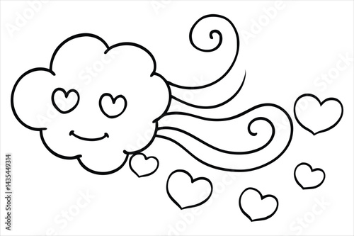 Groovy cloud blowing wind with floating smiley faces and hearts