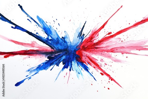 Abstract artwork featuring vibrant red and blue splatter paint on white background
