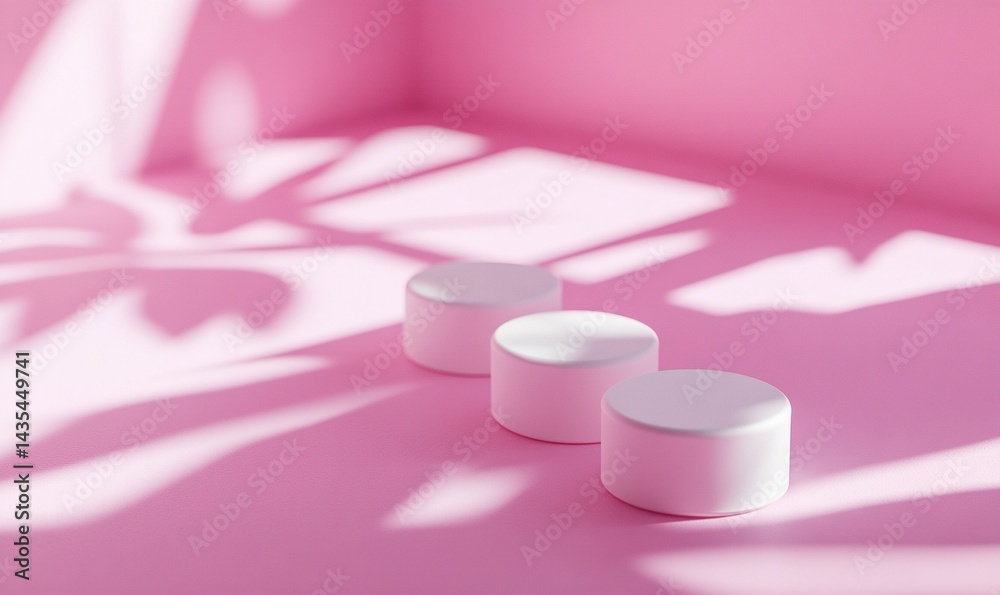 3D rendering of white cosmetic products on a pink background with shadows from a window. Mockup for design, packaging template concept. Blank mock-up for branding and package presentation. No text. 3D rendering of white cosmetic products on a pink background with shadows from a window. Mockup for design, packaging template concept. Blank mock-up for branding and package presentation. No text.