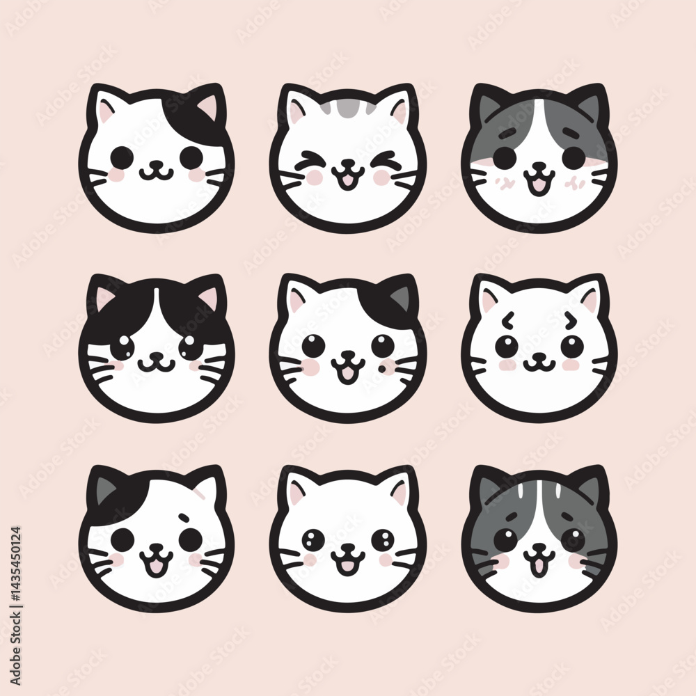 A set of cute cat face icons with different expressions and fur patterns A set of cute cat face icons with different expressions and fur patterns