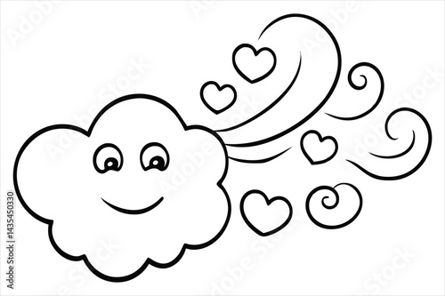 Groovy cloud blowing wind with floating smiley faces and hearts