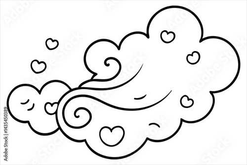 Groovy cloud blowing wind with floating smiley faces and hearts