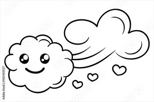 Groovy cloud blowing wind with floating smiley faces and hearts