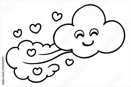 Groovy cloud blowing wind with floating smiley faces and hearts
