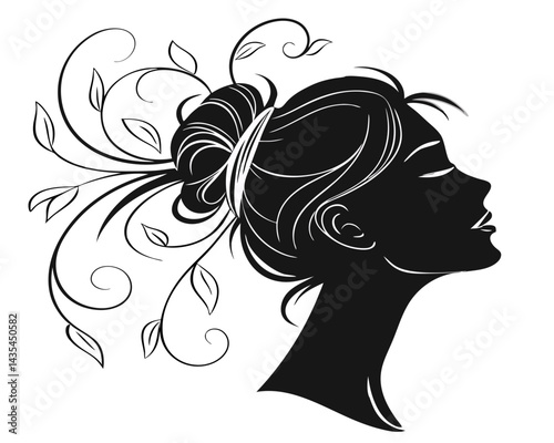  a dark silhouette of a woman with floral accents in her updo isolated on white background.