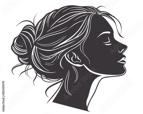 a dark silhouette of a woman with an updo isolated on white background.