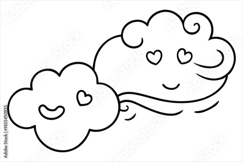 Groovy cloud blowing wind with floating smiley faces and hearts