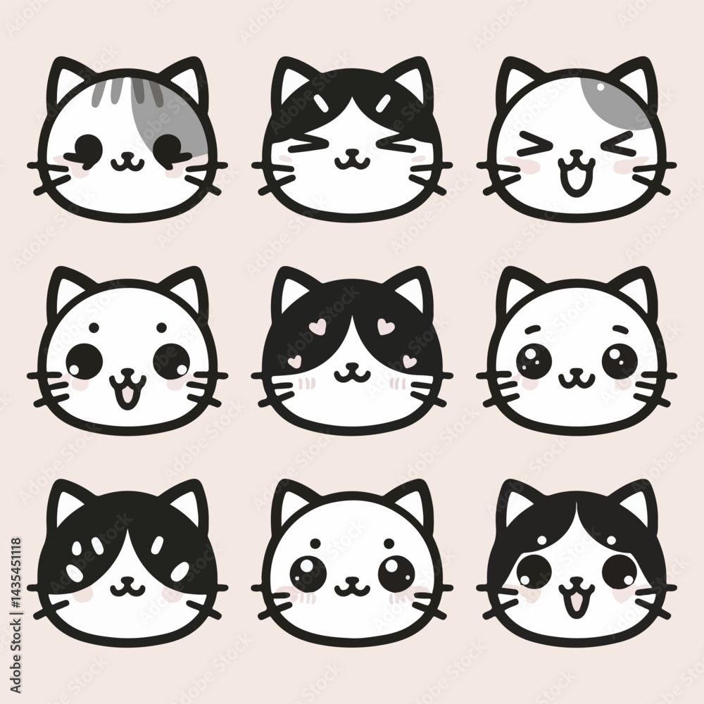A set of  cute cat face icons with different expressions and fur patterns 