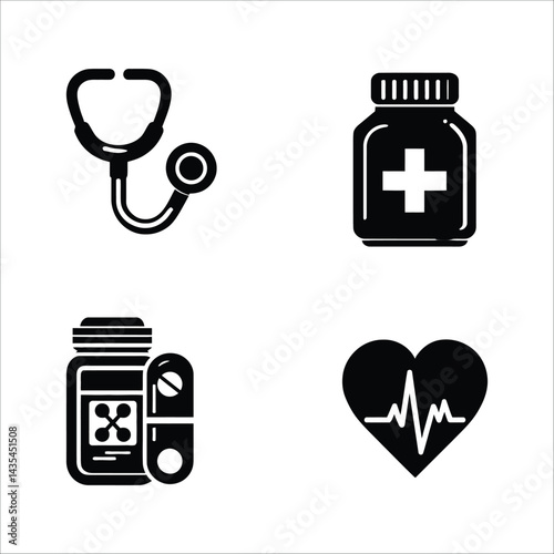 Medical health care icon set stethoscope pills heart beat vector graphic design illustration 100 char