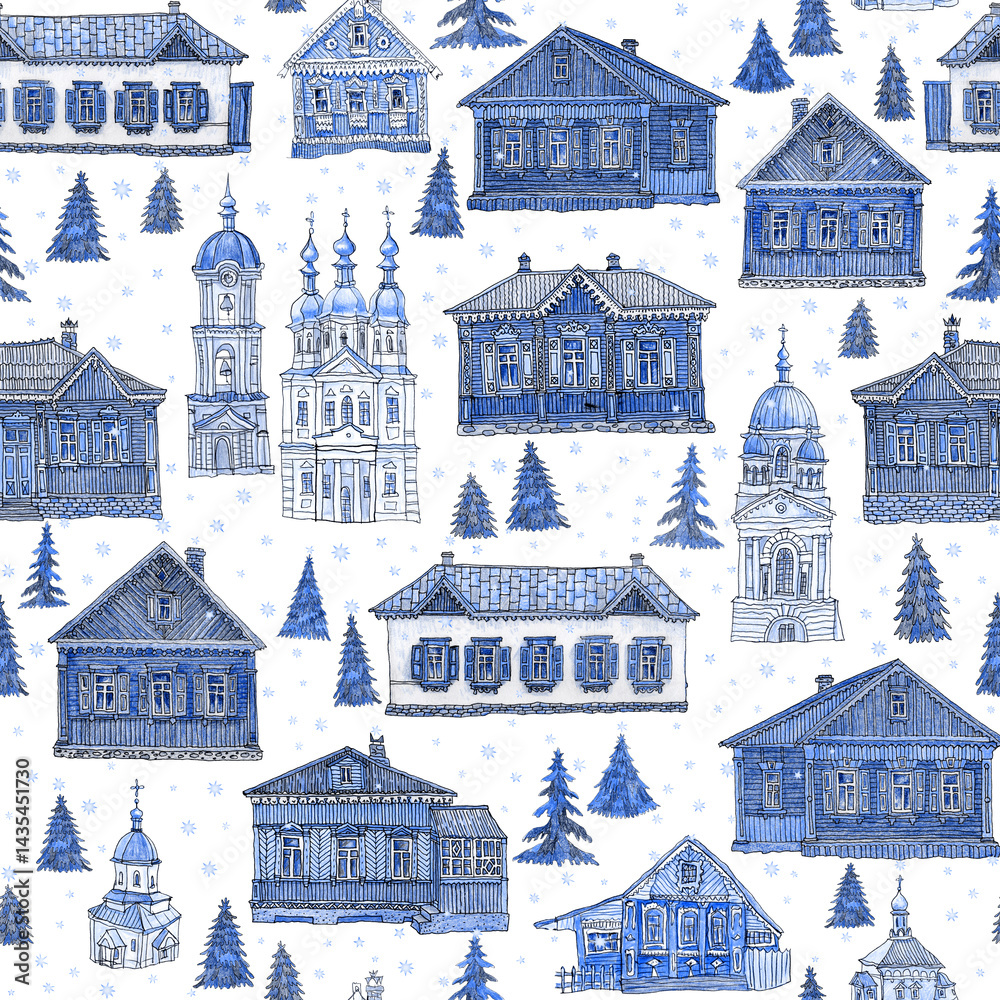 Fototapeta premium Seamless pattern of fairy tale wooden houses, churches, fir trees. Hand drawn blue pencil sketch on a starry white background
