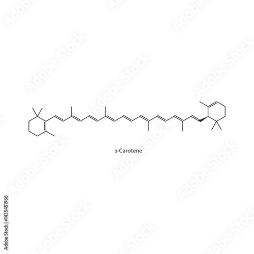 α-Carotene skeletal structure. Carotenoid compound schematic illustration. Simple diagram, chemical formula.