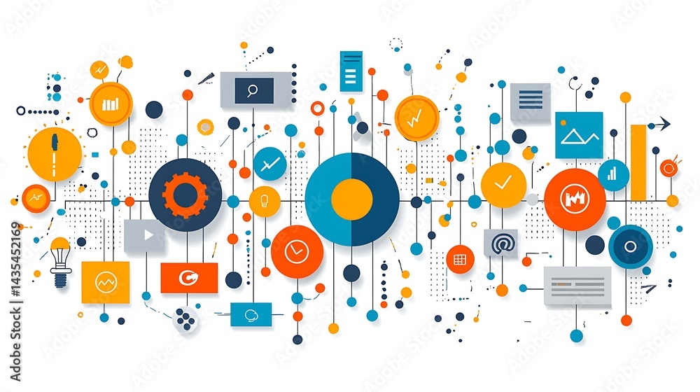 Colorful abstract technology background featuring various icons and data visualizations Colorful abstract technology background featuring various icons and data visualizations