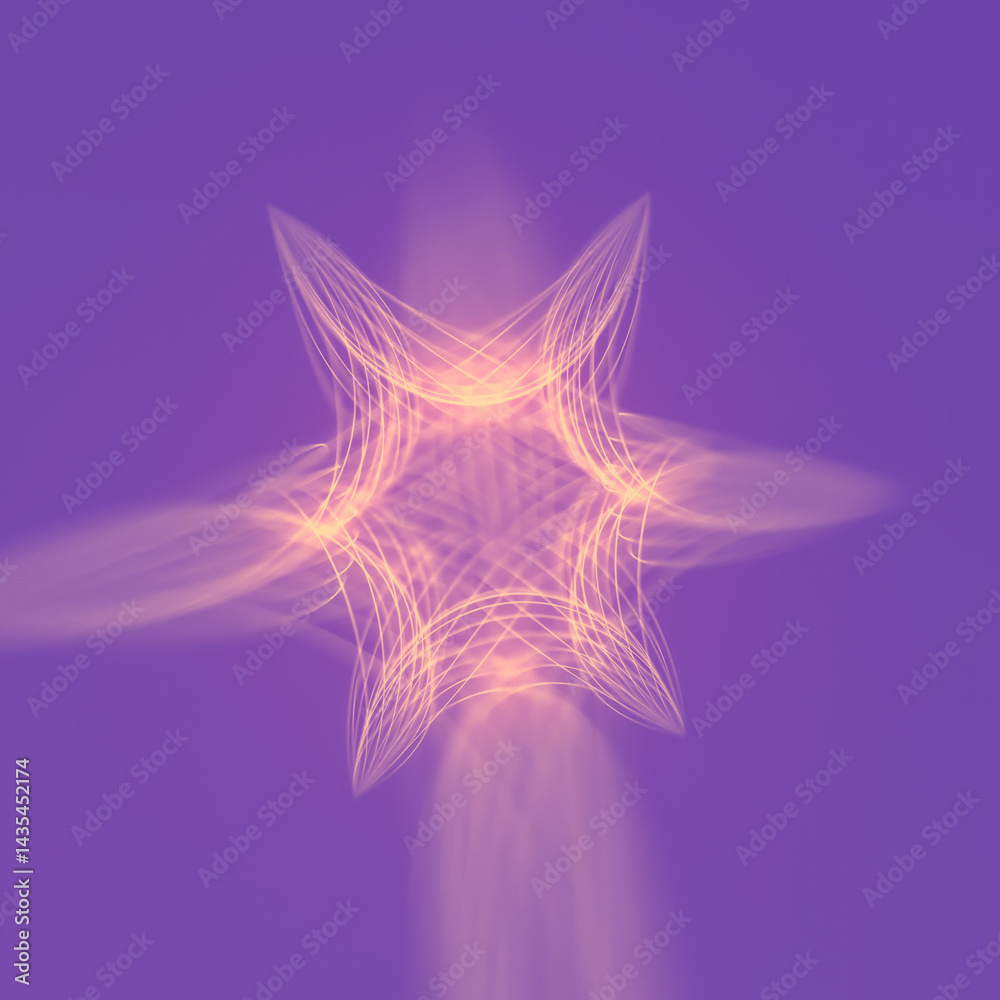 Obraz premium Abstract 3d rendering illustration of a geometric figure made up of smooth shapes and thin pink lines glowing with soft light on a purple background. The composition has a modern and futuristic style