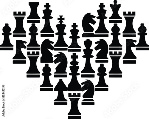 Creative chess pieces arranged in heart shape,strategy game concept,isolated black and white t shirt design vector images