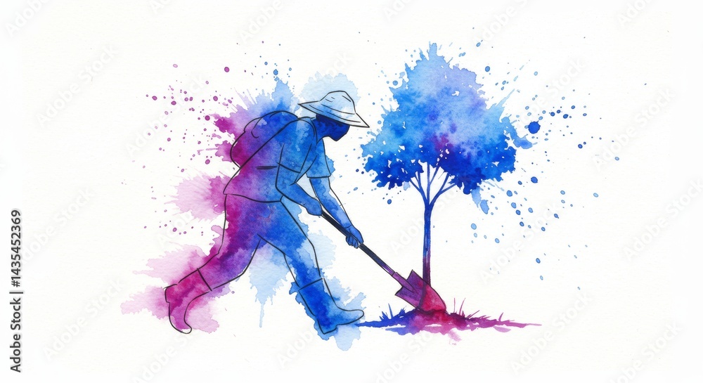 Obraz premium Watercolor illustration showcasing an environment activist planting a vibrant tree