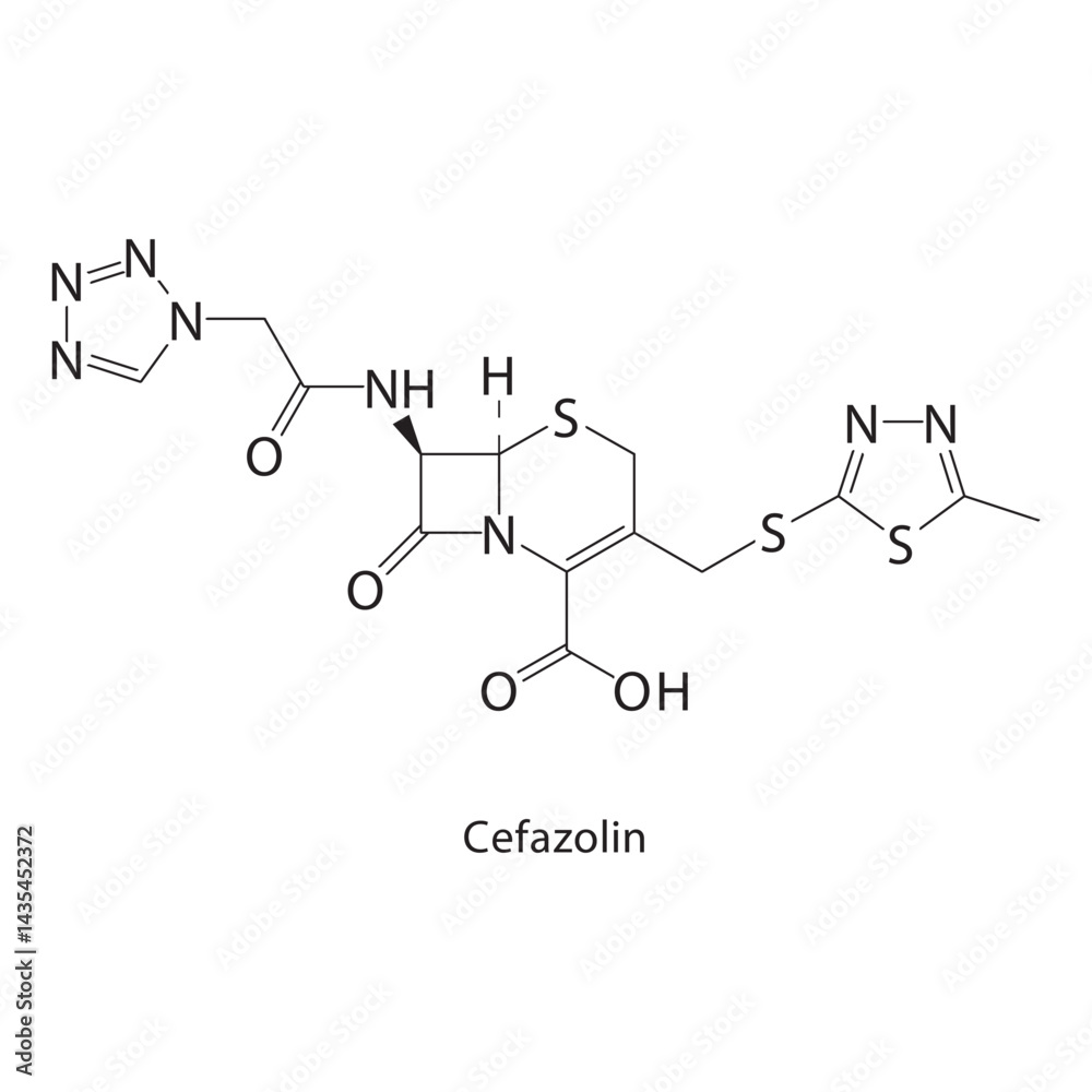 Fototapeta premium Cefazolin skeletal structure. Cephalosporin antibiotic compound schematic illustration. Simple diagram, chemical formula.