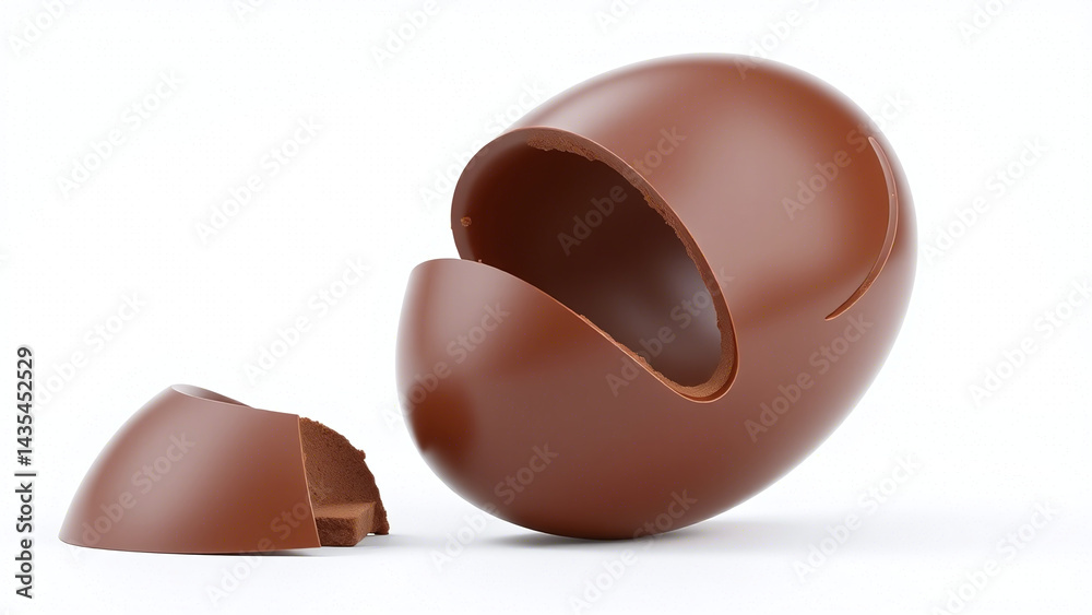 Fototapeta premium Close-Up Chocolate Egg Opening — Smooth Milk Chocolate Shell Split to Reveal Hollow Interior