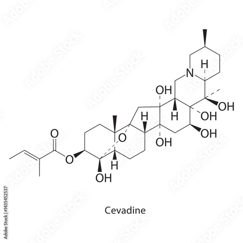 Cevadine skeletal structure. Alkaloid compound schematic illustration. Simple diagram, chemical formula.
