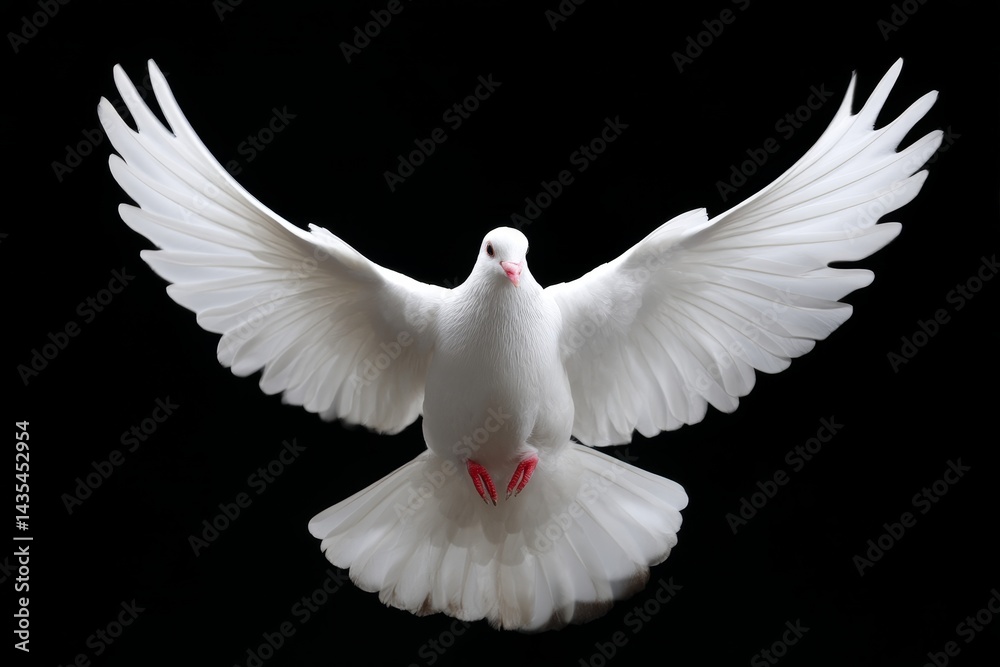 Obraz premium White Dove in Flight - A majestic white dove with wings outstretched against a black background. Symbol of peace and hope