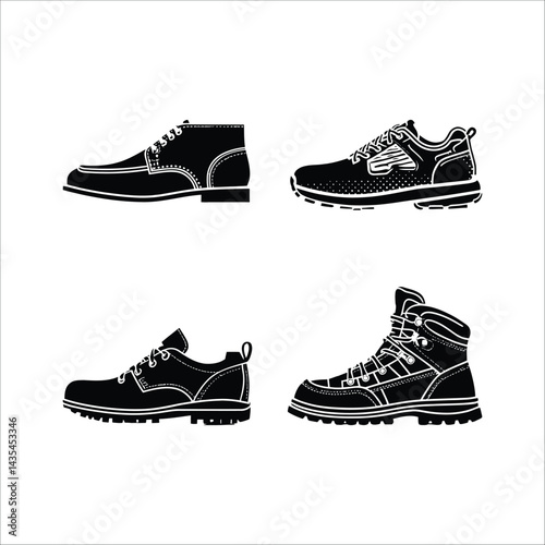 Selection of black and white shoes vector illustration for fashion footwear and apparel design needs