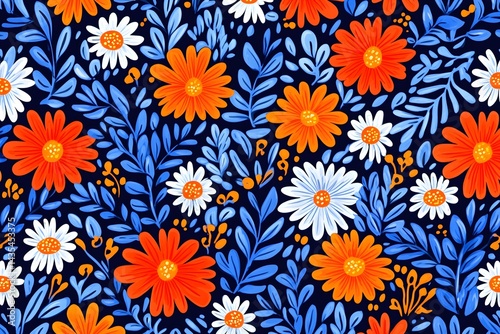 Wallpaper Mural Vibrant Floral Seamless Pattern Orange White Blue Flowers Dark Background Torontodigital.ca