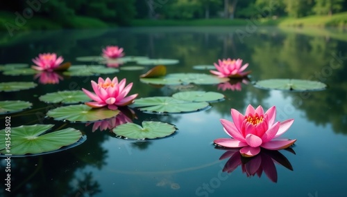 Water lilies creating a floral pattern across a still lake, green, natural
