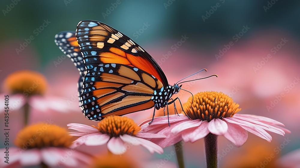 Obraz premium Butterfly Resting on Pink Coneflower in a Garden