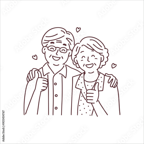 Young smiling happy old couple two friends family man woman. thumbs up style vector design illustrations