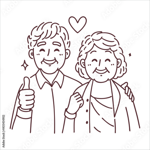 Young smiling happy old couple two friends family man woman. thumbs up style vector design illustrations