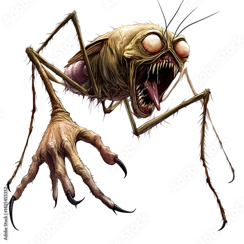 A grotesque creature with insect legs and a human hand reaching out with sharp claws and large eyes