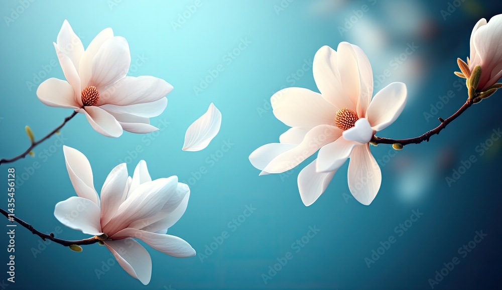 Fototapeta premium Delicate white magnolia blossoms float against a serene teal backdrop. Petals gently fall, adding to the tranquil scene